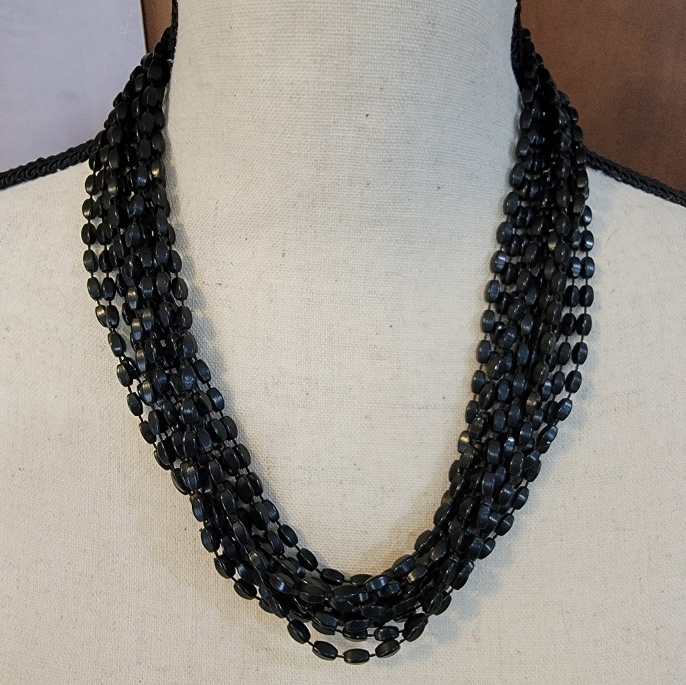 Vintage 12 Strand Black Beaded Statement Necklace Floral Clasp